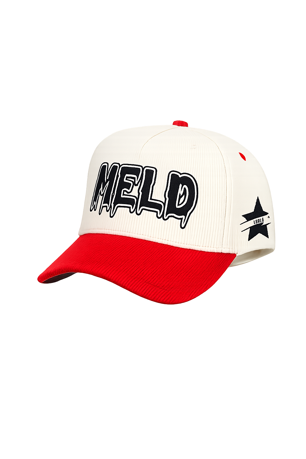 MELD WORLD cream and red corduroy cap with black drip logo embroidery and star patch
