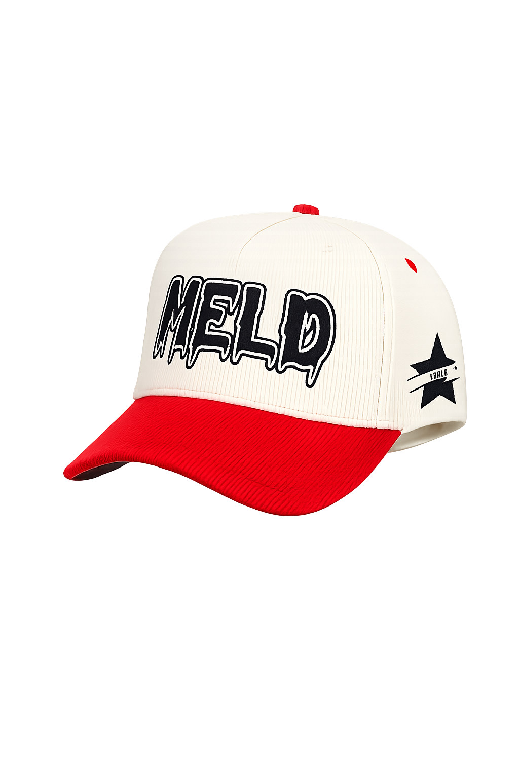 MELD WORLD cream and red corduroy cap with black drip logo embroidery and star patch