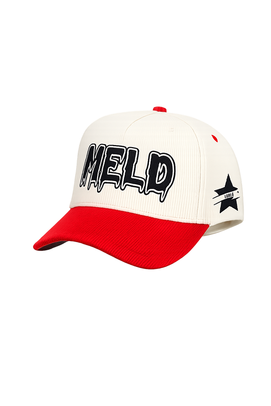 MELD WORLD cream and red corduroy cap with black drip logo embroidery and star patch